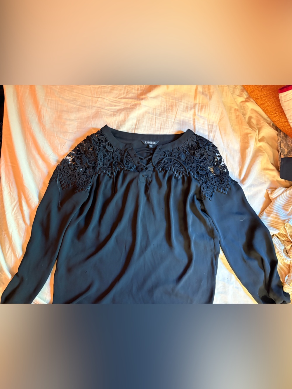 Express Black Long-Sleeve Tunic with Crochet Yoke